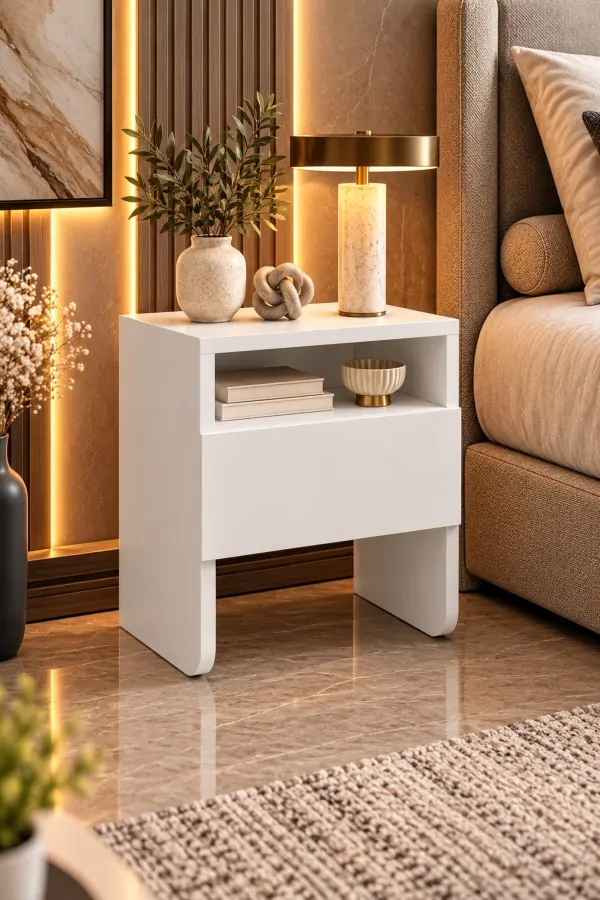 Arya Modern Komodin - Düşer Kapaklı Raflı Başucu Sehpası (18 mm Beyaz Suntalam)