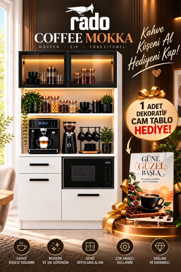 Premium Coffee Mokka - Kahve Köşesi - LED'li Çok Amaçlı Dolap