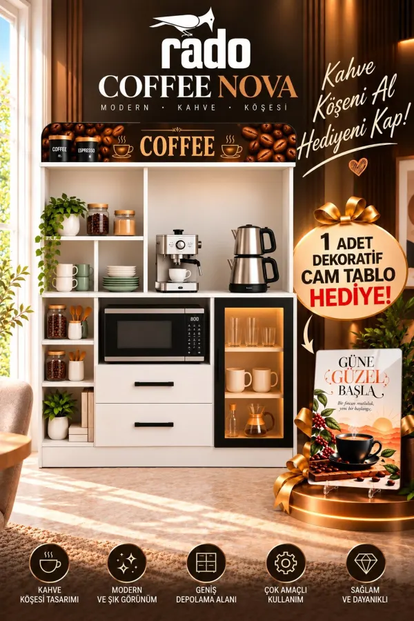 Nova Modern Kahve Köşesi Mutfak Dolabı - Aydınlatmalı Füme Cam Kapaklı Çok Amaçlı Erzak Dolabı