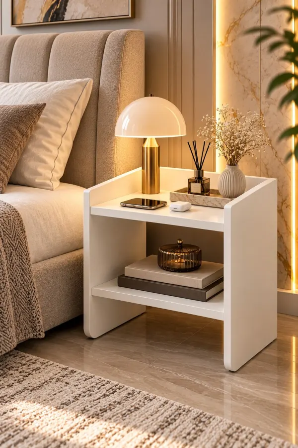 Bella Modern Raflı Komodin - Oval Köşeli Yan Sehpa / Yatak Odası Komodini