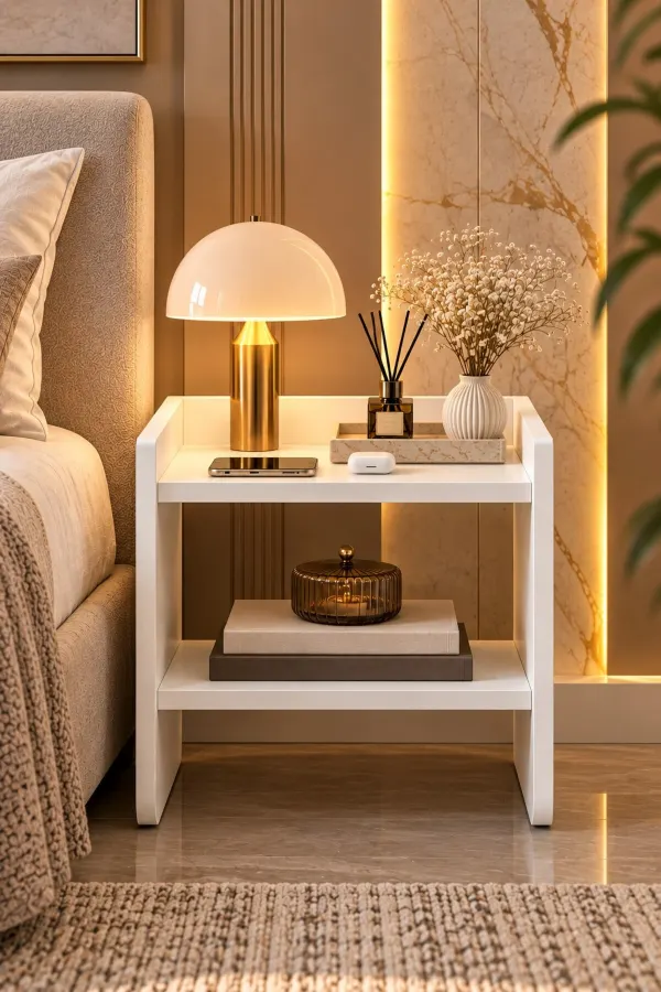 Bella Modern Raflı Komodin - Oval Köşeli Yan Sehpa / Yatak Odası Komodini