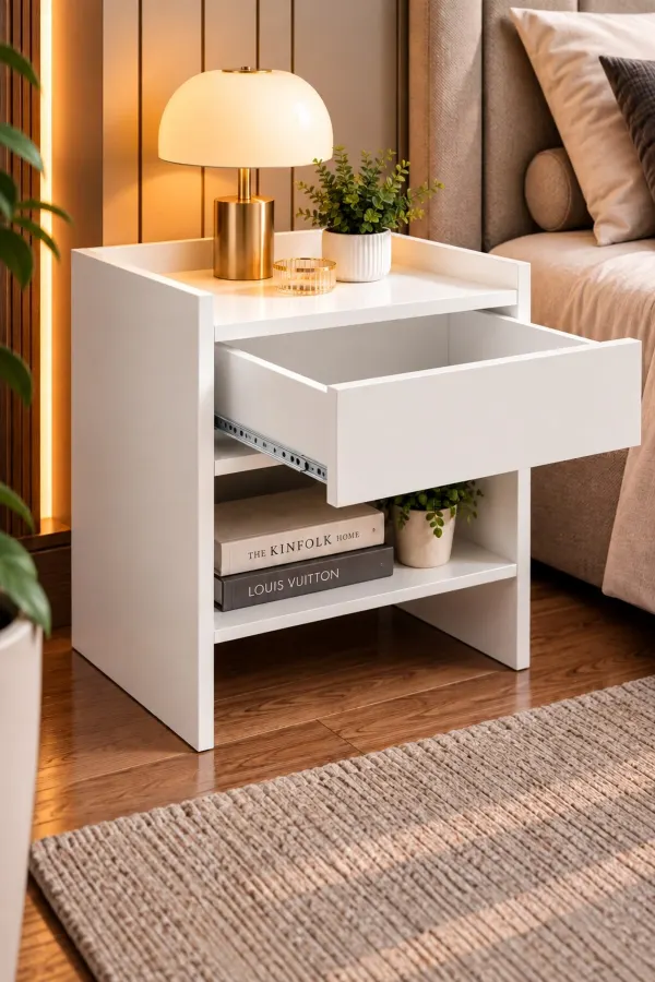NIVA Modern Komodin – Çekmeceli ve Raflı Beyaz Komodin